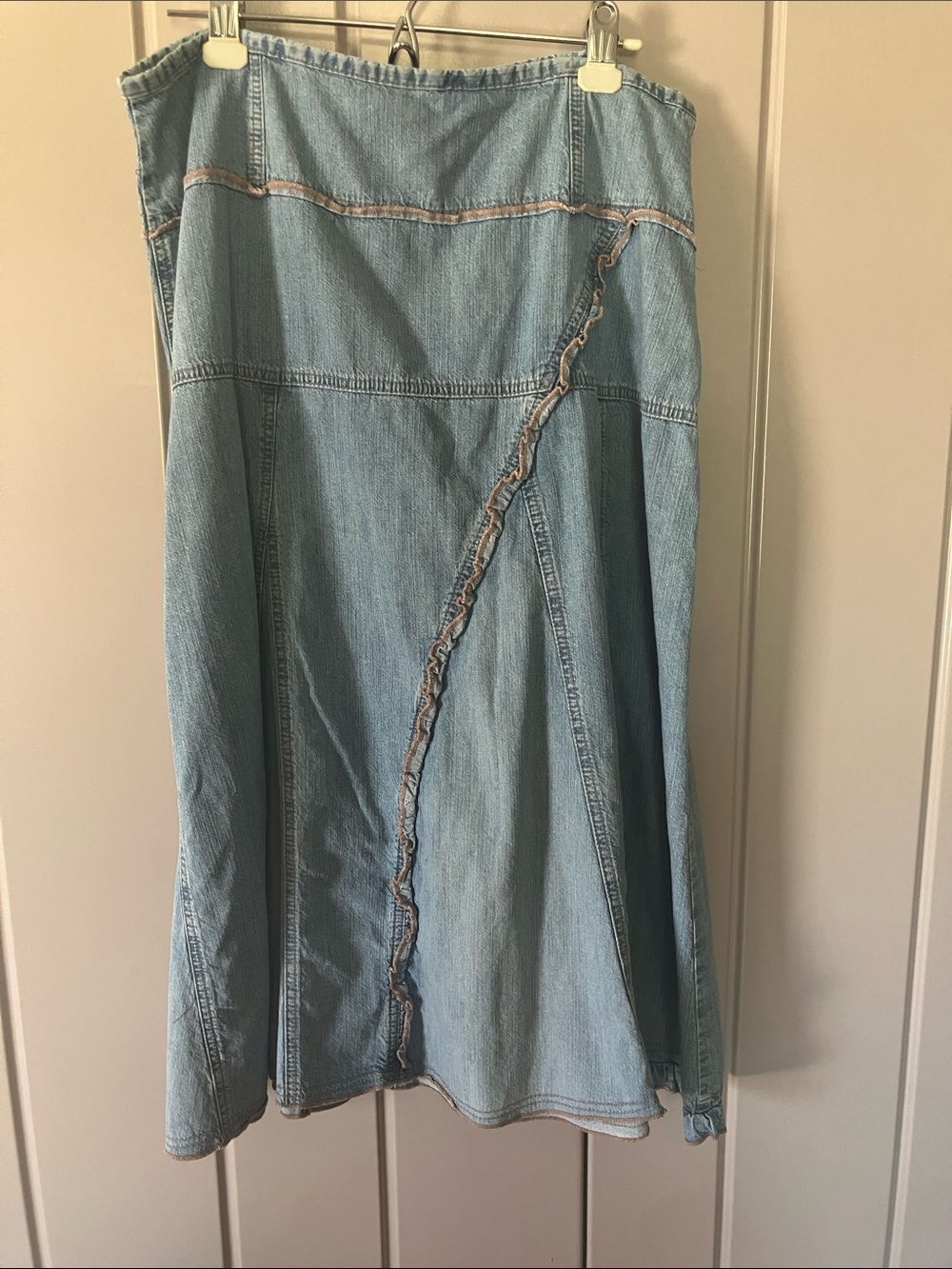 Light Blue Denim Ruffle-Trim A-Line Skirt
